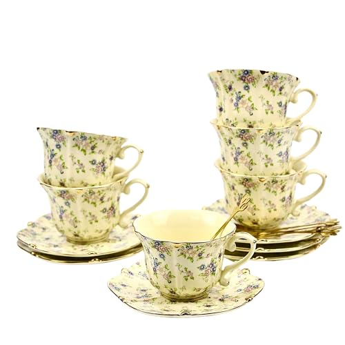 TATSUMI Country Roses 18 Peices Bone China Tea Cup And Saucer Set, English Vintage Tea Cups Of 6 For Women And Tea Party Sets