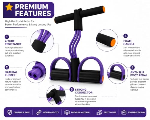 Image of Pedal Puller Resistance Band, 4 Tube Natural Rubber Pedal Exerciser for Home Workout, Full Body Exercise Equipment for Abs Arms Legs Stretching and Strength Training for Men & Women DD01