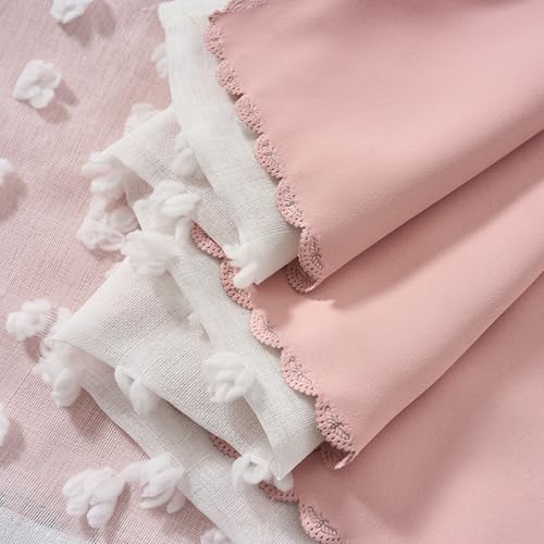 Image of Pink Blackout Pom Pom Sheer Curtain for Girls Bedroom 2 Panels, Double Layered Curtain with White Overlay, Light Blush Baby Toddler Nursery Curtains 63 Inch Length, Cute Boho Window Drapes