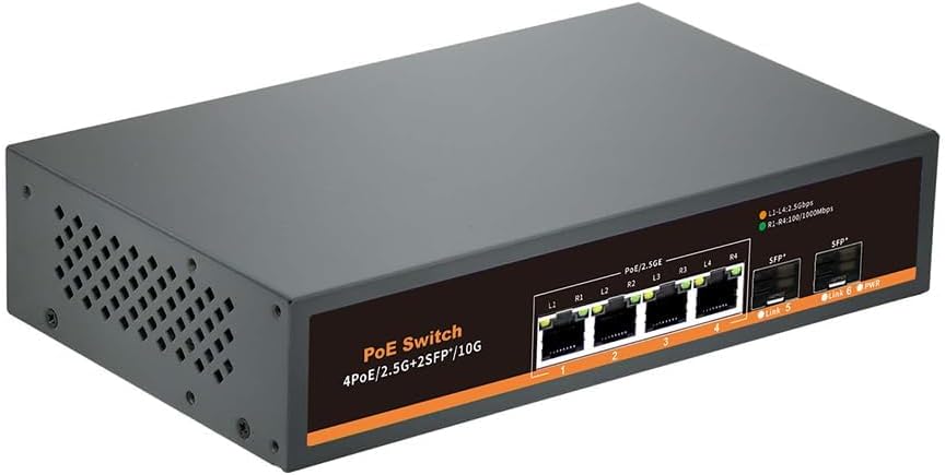 2.5G Unmanaged PoE Switch with 4 x 2.5G Base-T Ports and 2 x 10G SFP Uplink Port, Compatible with 100/1000/2500Mbps, Fanlesss Design, Plug & Play, 2.5Gb Power Over Ethernet Switch Da-K6402WP
