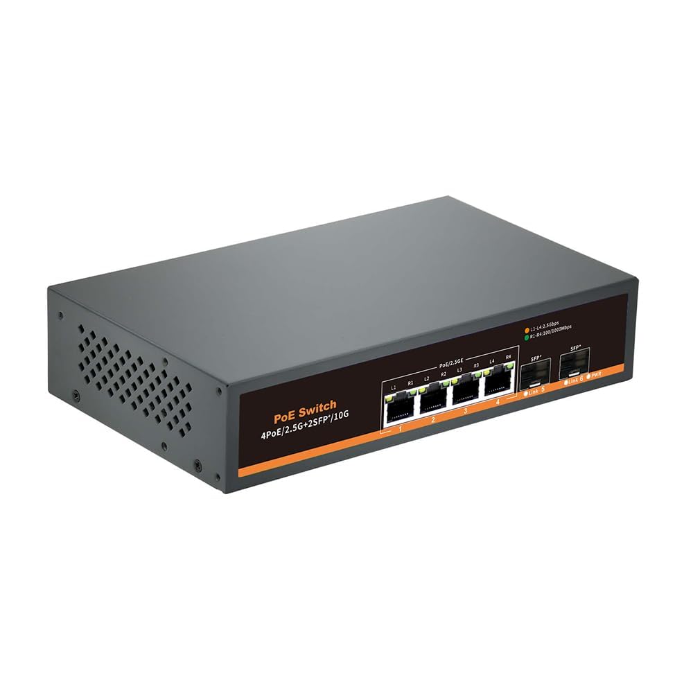 Commutateur PoE Non géré 2,5 GB/s avec 4 Ports 2.5G Base-T et 2 Ports Uplink 10G SFP, Compatible avec 100/1000/2500Mbps, Design sans Ventilateur, Commutateur réseau 2.5Gb en métal (6)