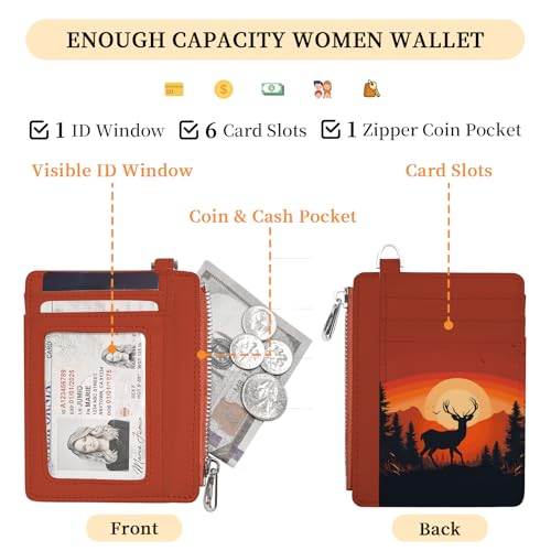 Image of Hancynir Sunset Deer Slim Wallet Women Credit Card Holder, Small RFID | Zipper Pocket Wallet, Thin Travel Coin Purse, PU Leather, Minimalist Card Case, 6 Card Slots, ID Window, Ladies Women Gifts