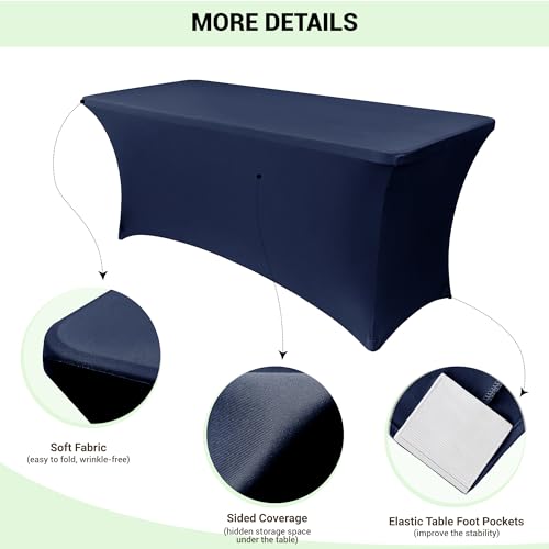 Image of Obstal 4Ft Stretch Spandex Table Cover for Standard Folding Tables - 2 Pack Universal Rectangular Fitted Tablecloth for Party, Banquet, Events, Trade Show (Navy Blue, 48L x 24W x 30H Inches)