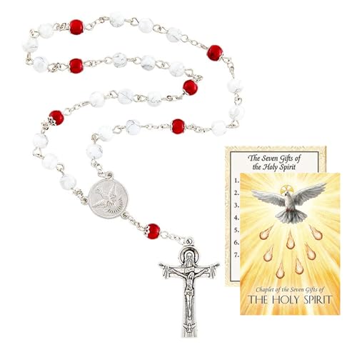 Confirmation Gifts of the Holy Spirit Chaplet with Recitation Prayer Card Rosary features White and Red Bead with Descending Dove Centerpiece and Trinity Crucifix, onesize