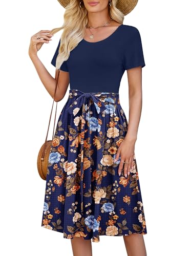 Image of Heymoments Women's Casual Short Sleeve Midi Dress Crewneck A Line Tiered Flowy Loose Travel Long Dresses with Pockets