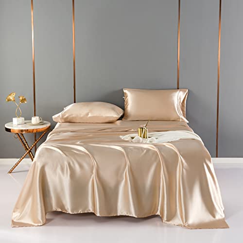HENGWEI Satin Sheets Set , Deep Pocket Queen Sheet Sets,Silky Satin Sheet Set with 2 Pillowcase,Satin Fitted Sheet , Classic Champagne Gold Satin Sheets ,Hotel Luxury Bedding Sets 90 GMS Never Pilling