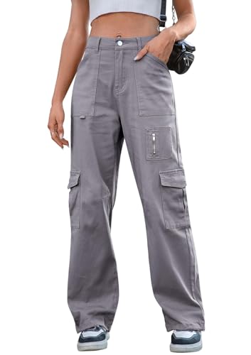 IVIR Grey Cargo Pants for Women Baggy Cargo Pants Mid Rise Drawstring Elastic Waist Outdoor Sport Hiking Pants Gray Small