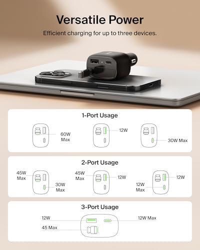 Image of Belkin USB C Car Charger 75W w / 30in Retractable USB C Cable - iPhone Charger, Compatible with iPhone 16 & 15 Series, Galaxy S25 Series, AirPods, Tablet, MacBook, Chromebook, etc. - Travel Essentials