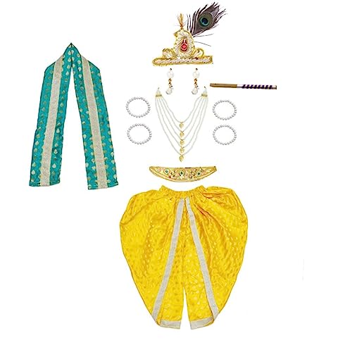 Image of ITSMYCOSTUME Krishna Dress for Baby Boy Kids Set of 10(Dhoti,Hip Cover,Patka,Mukut,Morpankh,Bansuri,Kamarband,Bajuband,Kundal) Little Krishna Ji Kanha Janmasthmi Costume
