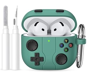 Ouwegaga Kompatibel mit Apple AirPods 4 Hülle 2024 mit Reinigungskit, Klassische Spielkonsole Design stoßfeste AirPods 4 Case Kompatibel mit AirPods 4. Generation Hülle mit Karabiner, Kieferngrün