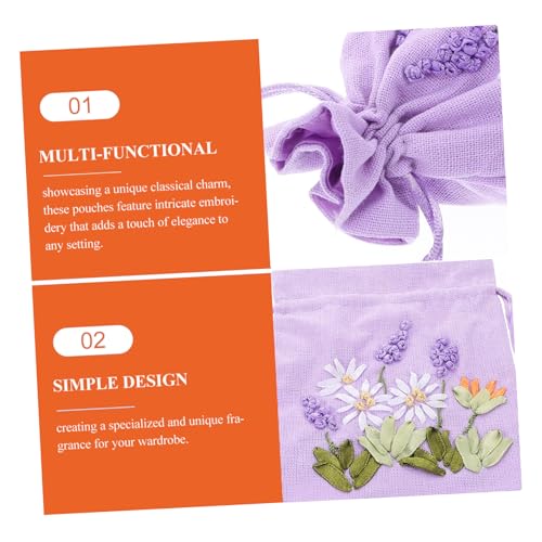 Bolsas de lino bordadas para joyería con cordón lavanda miniatura 3