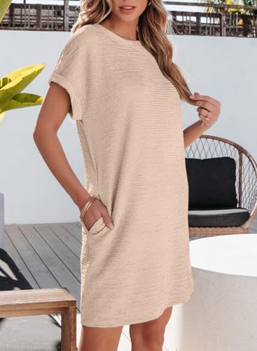 Image of EVALESS Womens Summer Dresses 2026 Fashion Short Sleeve Cute Spring Mini Dress Crewneck Casual Beach Vacation Dresses