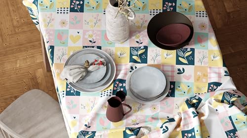 Image of LORETO - A QUALITY LINEN BRAND 100% Pure Cotton Table Cover with Boho Tassels (48 x 48 Inch) - Square Tablecloth for Square Dining Table, Pastel Garden on White Grid