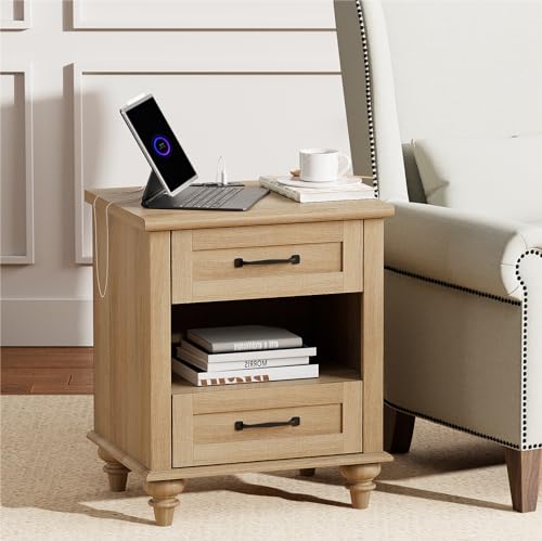 WAMPAT End Table with Storage, Wood Nightstand with Charging Station, Oak by WAMPAT - Used condition - Image 3