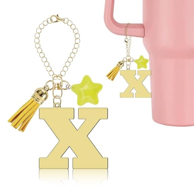 Gold Letter Charm for Stanley Cup Accessories, Cute Star Tassel Keychain Handle Charm, Monogram Water Bottle Chain