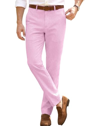 Mens Seersucker Pants Summer Casual Dress Pants for Men Dark Pink XS