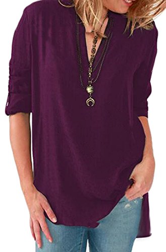 YiYaYo Lady T Shirt V Neck Roll Up Sleeve High Low Blouse Shirts Tops for Womens Purple XL