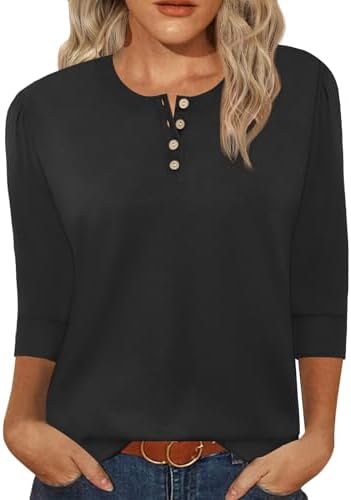 3/4 Length Sleeve Womens Tops Crew Neck Buttons Henley Shirts Tunic T Shirts Loose Fit Work Blouses 2025 Fall Trendy