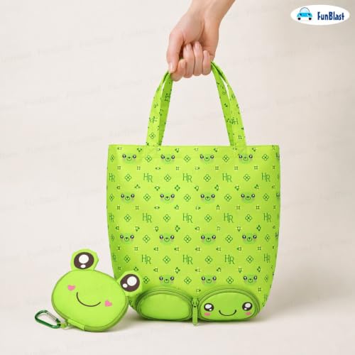 Image of FunBlast Foldable Shopping Bag - Cartoon Design Carry Bag with Zipper Pouch, Foldable Tote Bag for Girls & Women, Multipurpose Reusable Pouch Bags, Lightweight Travel Handbag with Handle Strap (Frog)