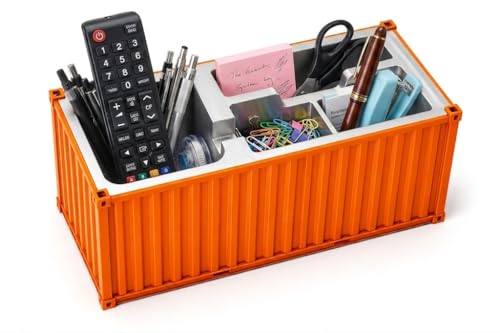 Image of FreshDcart Multi-Function Desk Organizer Shipping Container Storage Box for Pens, Business Cards, Mobile Phones, Remote Controls, Office Supplies and Study Table Brick Orange