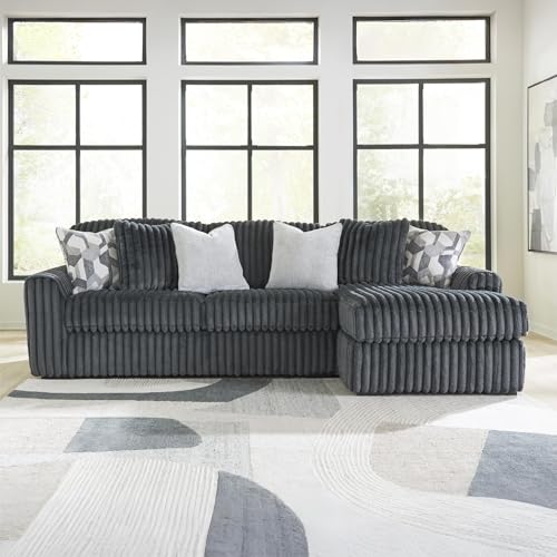 Image of Signature Design by Ashley 3-Piece L-Shape Sectional Sofa, Gunmetal | 100% polyester jumbo corduroy, Engineered wood, Right-arm facing chaise, Living room use, Midnight-Madness Series