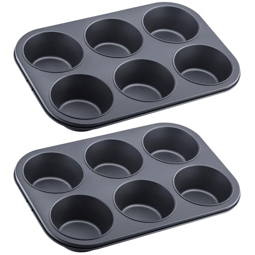 Funngy Moule à Muffins,2 PCS 6 Emplacements Ronds Moules Muffins Antiadhésif Plaque à Pâtisserie Réutilisable pour Cupcakes Gâteaux Brownies et Mini Cakes Moules à Muffins en Acier Carbone