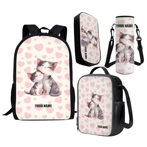 Cute Cat School Backpack for Girls Boys, Custom Name Schoolbag, Personalized Bookbag with Lunch Box, Schoo lbag with Pencil Case Bundle for Kids