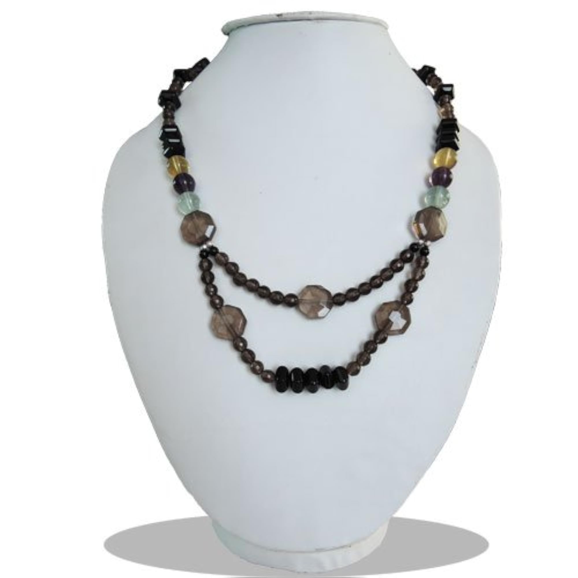 Black Agate, Smoky Quartz & Multi Fluorite Beads Designer Necklace