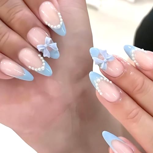 24Pcs Blue French Tip Press on Nails Medium Almond Fake Nails with 3D Bow Designs Nude Pink Glossy Pearls Press on Cute Stick on Nails Acrylic Nails Glue on Nails for Women Manicure Kit Daily Wear