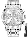 Taxua Silber Armbanduhr Herren Silber Zifferblatt Analog Quarz Uhr Herren Wasserdicht Edelstahl Armband Business Herrenuhren mit Kalender Chronograph Ehemann Oder Vater