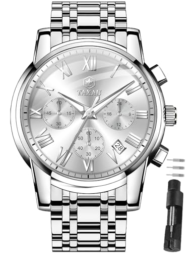 Taxau Herrenuhr Silber Edelstahl Wasserdicht Silber Uhr Herren GroßEs Zifferblatt RöMische Ziffern Armbanduhr Herren Luxus Klassisch Herrenuhr Chronograph Business Uhren Fur MäNner Leuchtend Mit Datum