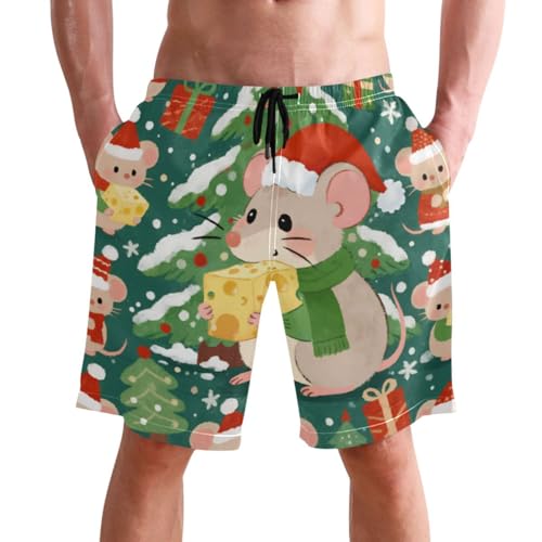 Men's Swim Trunks Quick Dry Swimming Shorts with Pocket Christmas Mice with Cheese Pattern Swimsuit Trunks