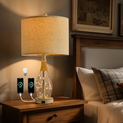 Image of OYEARS 23" USB A+C Table Lamp for Bedroom Living Room Modern Bedside Lamps Retro Farmhouse Rattan Glass Nightstand Nightlight Lamps (White),Two Light Points