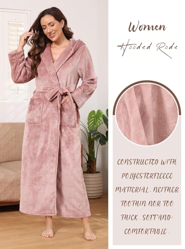 Image of Hellomamma Long Hooded Robe for Women Luxurious Flannel Fleece Full Length Bathrobe Winter Warm Pajamas Shower Nightgown