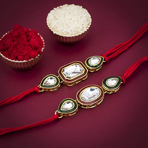 Image of Sukkhi Rakhi for Brother Stylish Kundan Combo & Designer Gold Plated with Roli Chawal & Greeting Card Set of 2