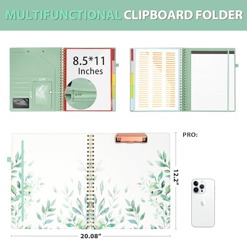 Image of Ospelelf Clipboard with Storage, Leather Padfolio Portfolio Organizer 5 Folders with 10 Pockets, Spiral Clipboard Folio with Notepad for Letter Size, Elastic Closure and Pen Loop Green Plants