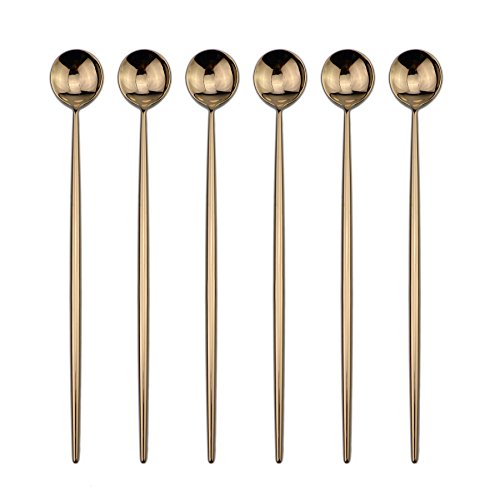 BRIIEC Rose Gold 18/10 Stainles Steel Long Handle Ice Cream Spoon, Latte Spoon, Cocktail Stirring Spoons, Mirror Finish, Dishwasher Safe, Pack of 6