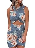 Acelitt Women's Ladies Floral Printed Summer Sleeveless Hollow Out Twist Front Bodycon Dress Cut Out Wrap Slim Fit Dresses S