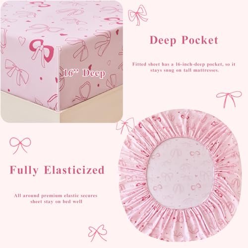WINLIFE Pink Bow Kids Sheet Set Twin Size, 3 Pcs Girls Pink Bowknot Heart Dots Printed Bed Sheets, Soft Microfiber Deep Pocket Kids Bedding by WINLIFE - Image 5