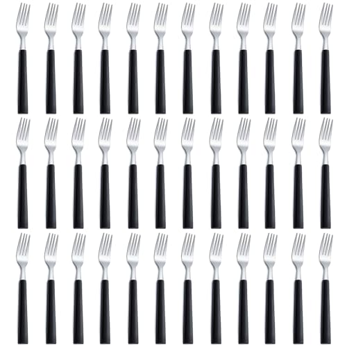 Pleafind 36 Stück Menügabeln Edelstahl Besteck Gabeln mit schwarzen Griffen, Gabel-Set für Zuhause/Küche/Restaurant, hochglanzpoliert, 18 cm, spülmaschinenfest