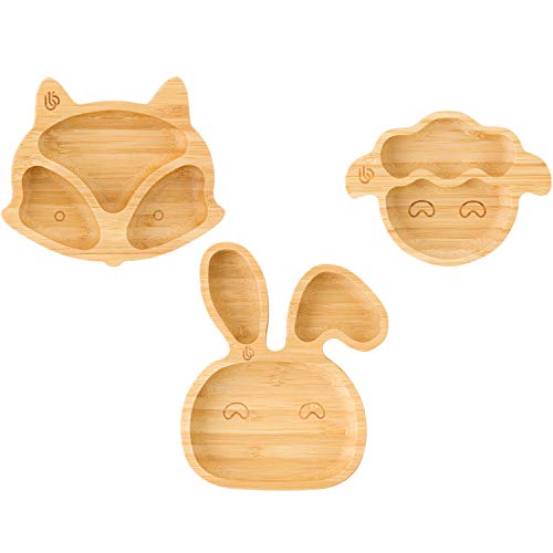 bamboo bamboo ® Plato Para Bebés– Platos De Bambú Para Niños Y Bebés | No Tóxico | Fresco Al Tacto | Ideal Para El Destete Dirigido Por El Bebé (Trío De Mini Zorro, Conejito, Cordero)
