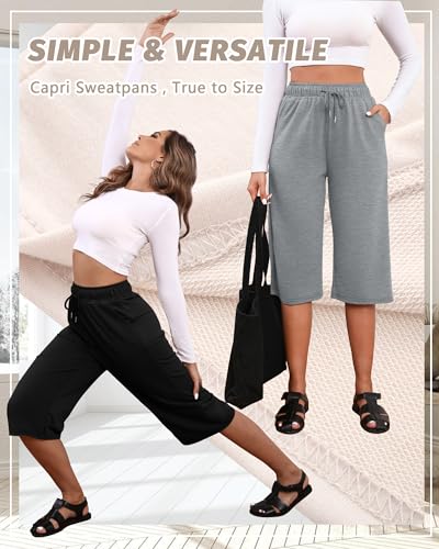 Neer 3 Pack Women's Capri Pants, Drawstring Wide Leg Crop Lounge Sweatpants Summer Yoga Casual Cropped Pants with Pocket(Black, Light Gray, Navy Blue,Medium) — view 4