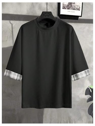 Image of OYOANGLE Men's Textured 3 /4 Sleeve Drop Shoulder T Shirt Loose Fit Plaid Cuff Tee Tops