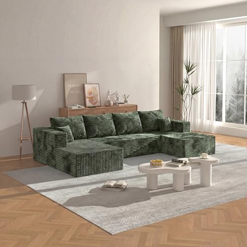 Image of 138 inch Modern Modular Sectional Sofa, U-Shaped Cloud Couch, Soft Corduroy Boneless Couch with 3060 High Rebound Memory Foam, Sectional Couches for Living Room-Green(Left Facing Chaise)