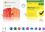 Microsoft 365 Personal │ 12 meses │ 1 persona │ Apps Office con IA + Norton 360 Standard│1 Dispositivo│15 meses│ Suscripción con renovación automática