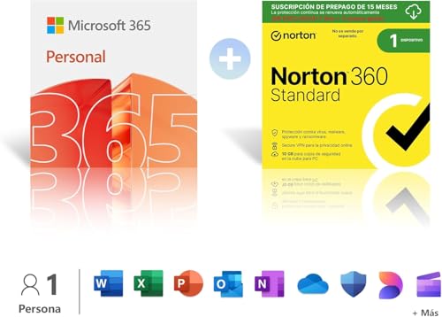 Microsoft 365 Personal │ 12 meses │ 1 persona │ Apps Office con IA + Norton 360 Standard│1 Dispositivo│15 meses│ Suscripción con renovación automática