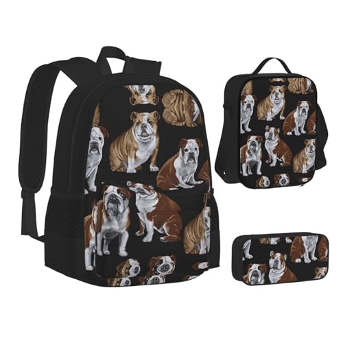 English Bulldogs Print 3 Piece Set Backpack, Lunch Bag, Pencil Case, Cute Sturdy For College And Travel2