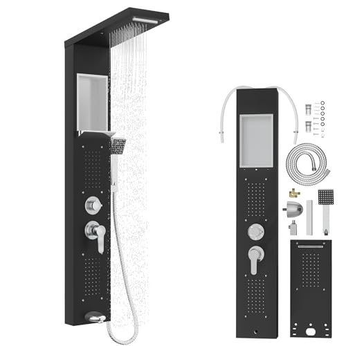 SUBTLETY Panel de ducha de acero inoxidable 5 en 1, columna de ducha con cabezal de ducha de lluvia, cascada, chorros de masaje, ducha de mano y entrada de bañera, ducha de lluvia con grifo, juego