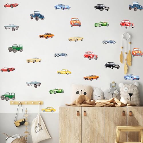 XUOIAYNB Watercolor Classic Car Wall Stickers, Retro Racecar Off-Road Vehicle Vinyl Wall Decals, Removable Vintage Car Artwork Wall Art for Boys...
