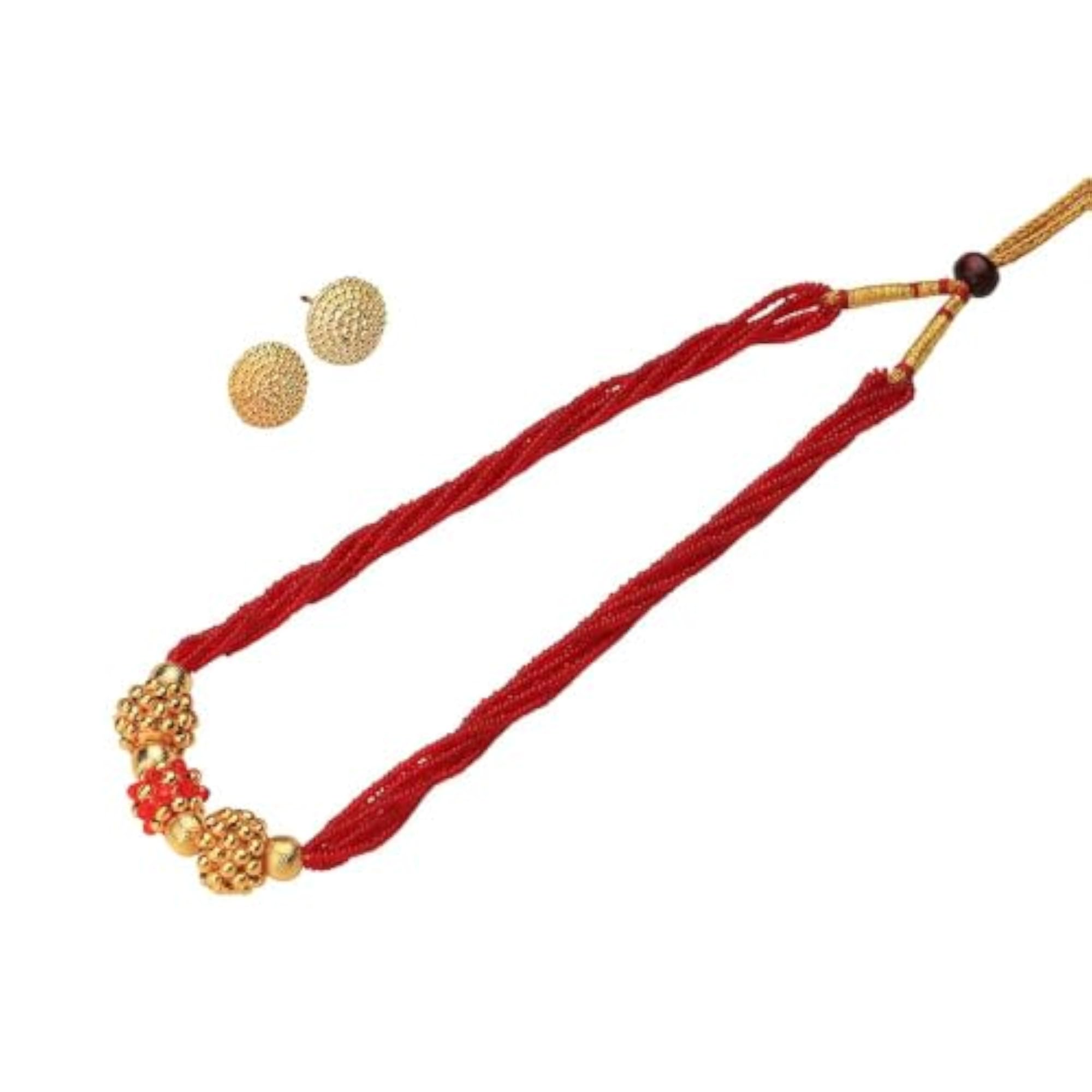 Women's Red Multi-Strand Beaded Gold Necklace & Earrings Set